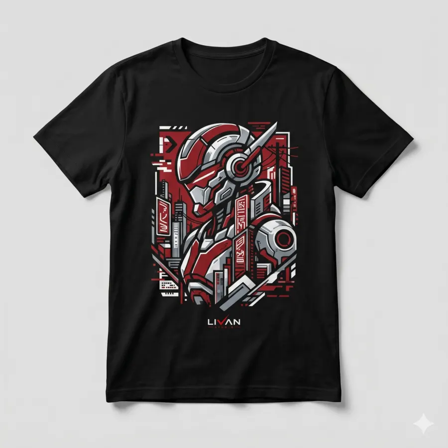 Camiseta negra personalizada con diseño tecnológico