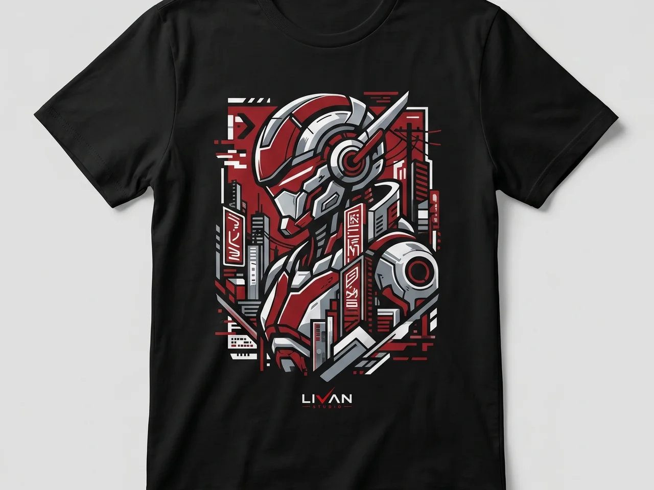 Camiseta negra personalizada con diseño gráfico en rojo, blanco y gris